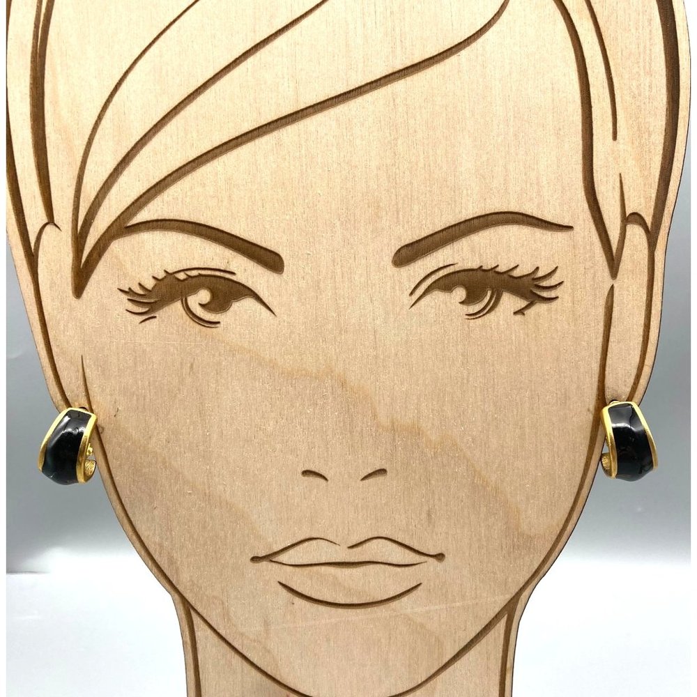 Black Enamel Half Hoop Earrings, Vintage Basic Clip On in Satin Gold Tone